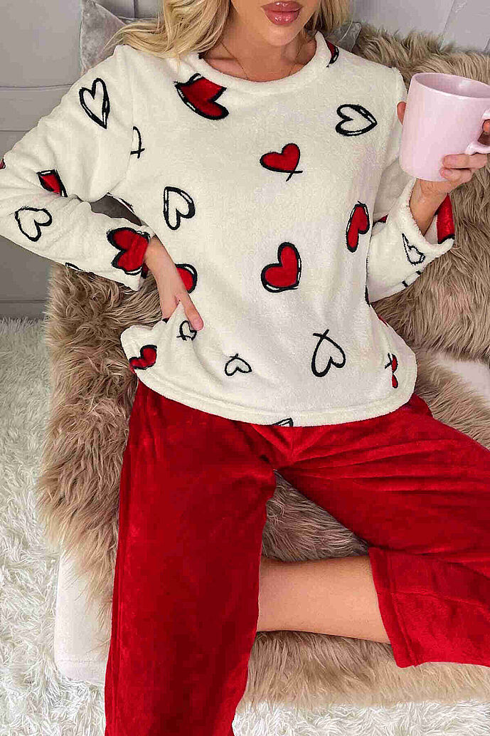 Merry See Kalp Baskılı Peluş Polar Alt Üst Uzun Kollu Pijama Takımı Çok Renkli - 3