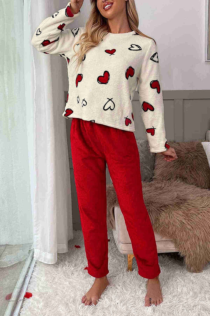 Merry See Kalp Baskılı Peluş Polar Alt Üst Uzun Kollu Pijama Takımı Çok Renkli - 4