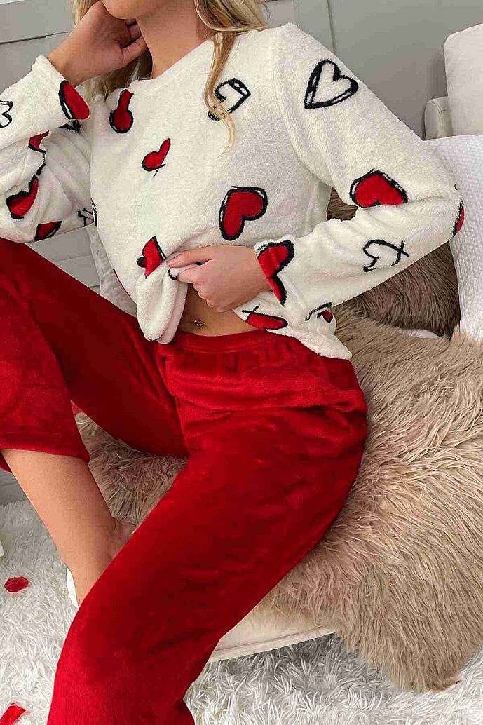 Merry See Kalp Baskılı Peluş Polar Alt Üst Uzun Kollu Pijama Takımı Çok Renkli - 5