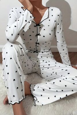 Merry See - Merry See Kalp Baskılı Uzun Kollu Pijama Takımı Beyaz