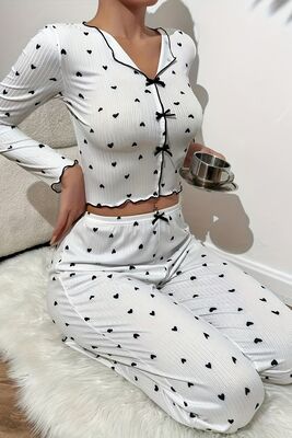Merry See - Merry See Kalp Baskılı Uzun Kollu Pijama Takımı Beyaz (1)