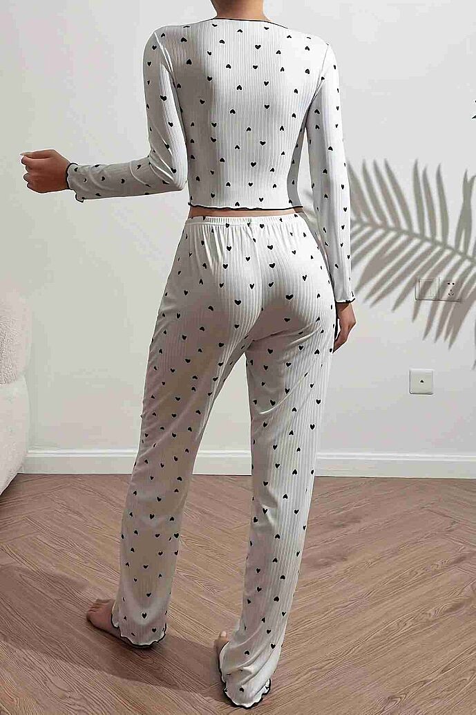 Merry See Kalp Baskılı Uzun Kollu Pijama Takımı Beyaz - 3