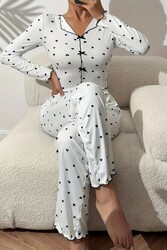 Merry See Kalp Baskılı Uzun Kollu Pijama Takımı Beyaz - Thumbnail