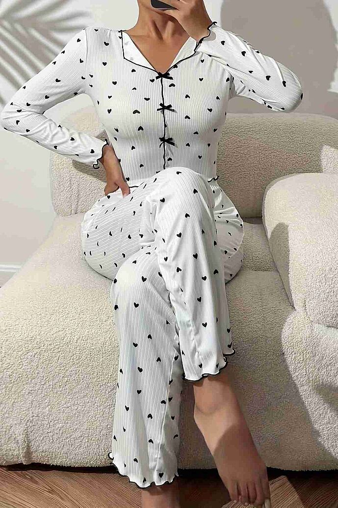 Merry See Kalp Baskılı Uzun Kollu Pijama Takımı Beyaz - 4