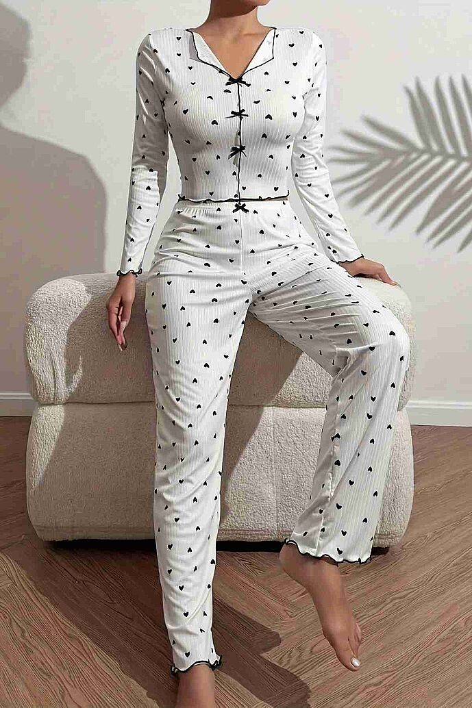 Merry See Kalp Baskılı Uzun Kollu Pijama Takımı Beyaz - 5