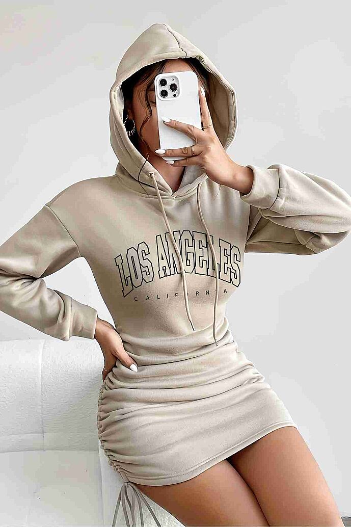 Merry See Kapşonlu Yandan Büzgülü Ayarlı Baskılı Uzun Oversize Sweatshirt Elbise Bej - 4