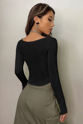 Merry See - Merry See Kayık Yaka Örme Uzun Kollu Crop Top Bluz Siyah (1)