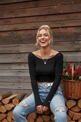 Merry See Kayık Yaka Örme Uzun Kollu Crop Top Bluz Siyah - Thumbnail