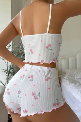 Merry See - Merry See Kiraz Baskılı Askılı Şortlu Pijama Takımı Beyaz (1)
