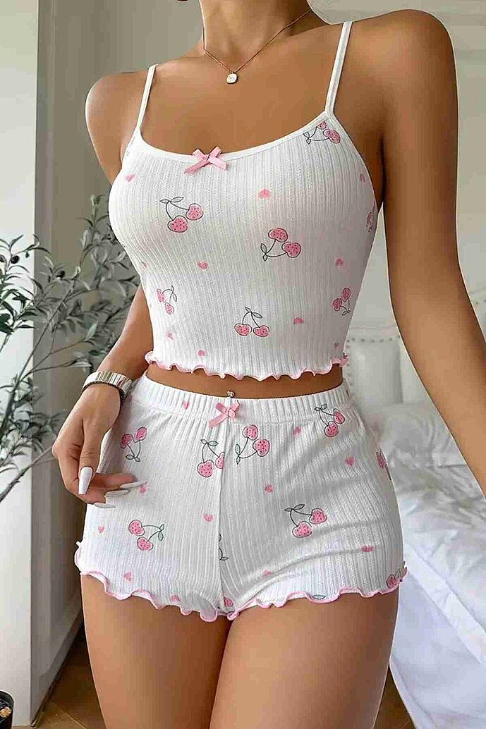 Merry See Kiraz Baskılı Askılı Şortlu  Pijama Takımı Beyaz - 3