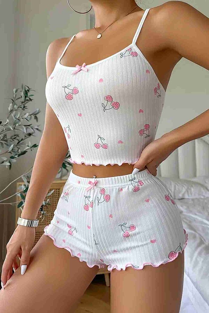 Merry See Kiraz Baskılı Askılı Şortlu  Pijama Takımı Beyaz - 4