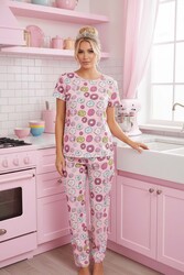 Merry See Kısa Kollu Alt Uzun Donut Baskılı Pijama Takımı Çok Renkli - Thumbnail