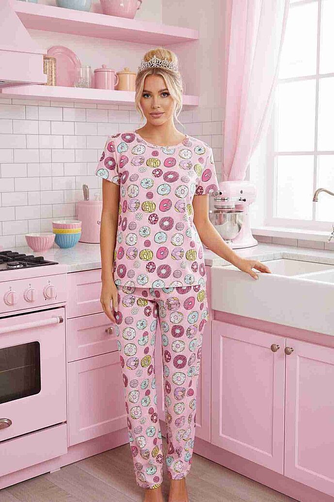 Merry See Kısa Kollu Alt Uzun Donut Baskılı Pijama Takımı Çok Renkli - 3