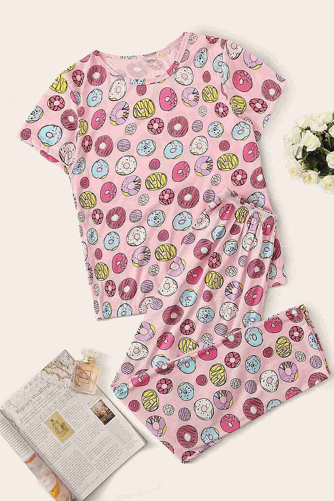 Merry See Kısa Kollu Alt Uzun Donut Baskılı Pijama Takımı Çok Renkli - 5