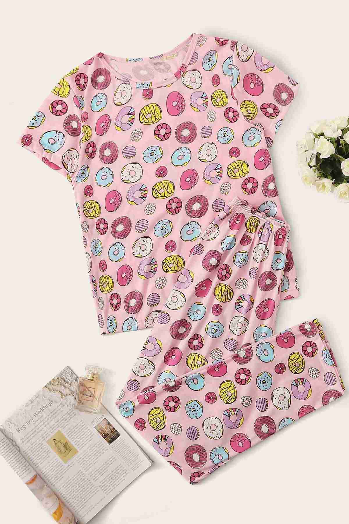 Merry See Kısa Kollu Alt Uzun Donut Baskılı Pijama Takımı Çok Renkli