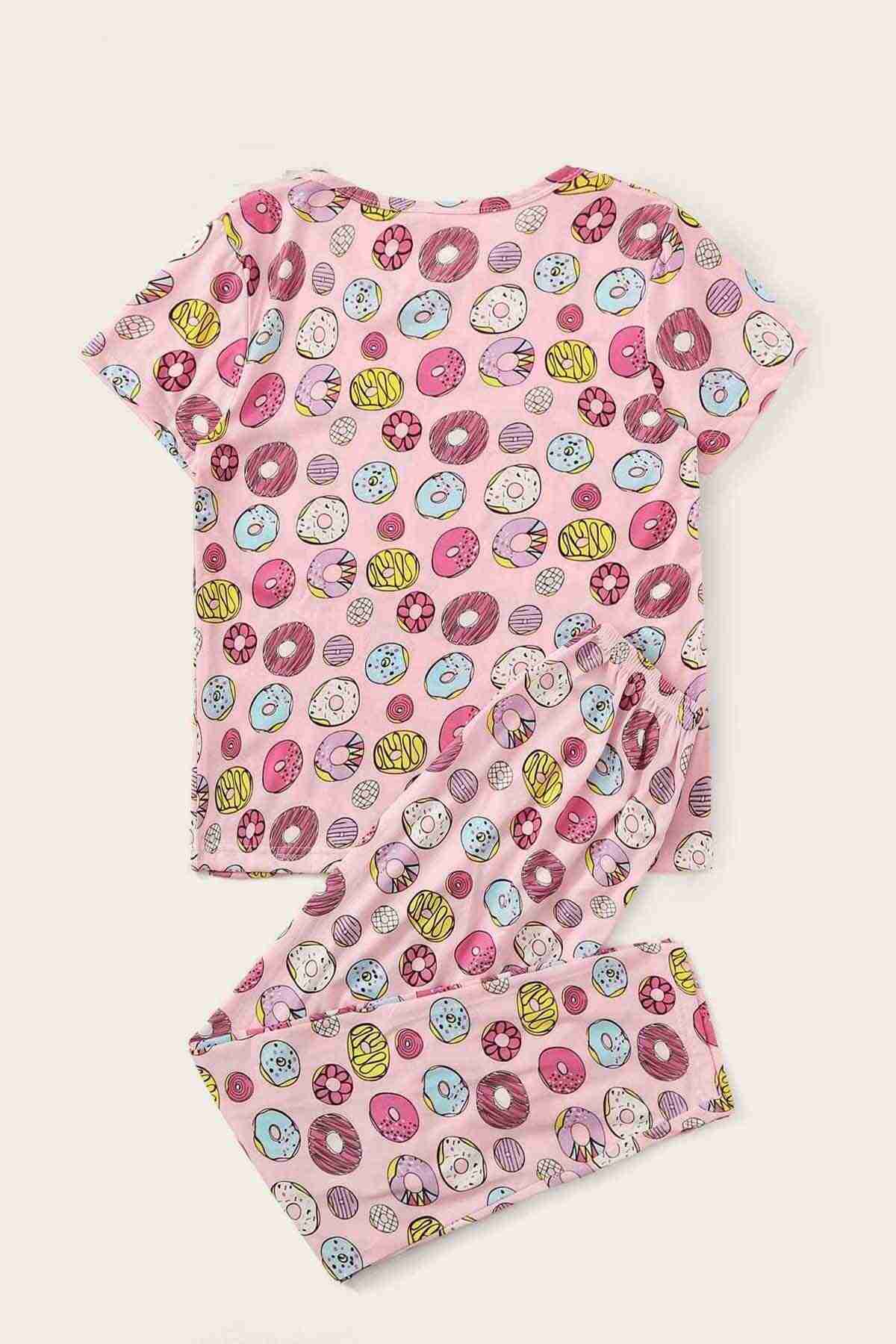 Merry See Kısa Kollu Alt Uzun Donut Baskılı Pijama Takımı Çok Renkli