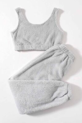 Merry See - Merry See Kolsuz Askılı Peluş Polar Alt Üst Pijama Takımı Gri (1)