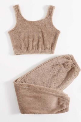 Merry See - Merry See Kolsuz Askılı Peluş Polar Alt Üst Pijama Takımı Kahverengi (1)