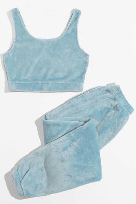 Merry See - Merry See Kolsuz Askılı Peluş Polar Alt Üst Pijama Takımı Mavi (1)