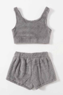 Merry See - Merry See Kolsuz Askılı Peluş Polar Alt Üst Şortlu Pijama Takımı Gri (1)