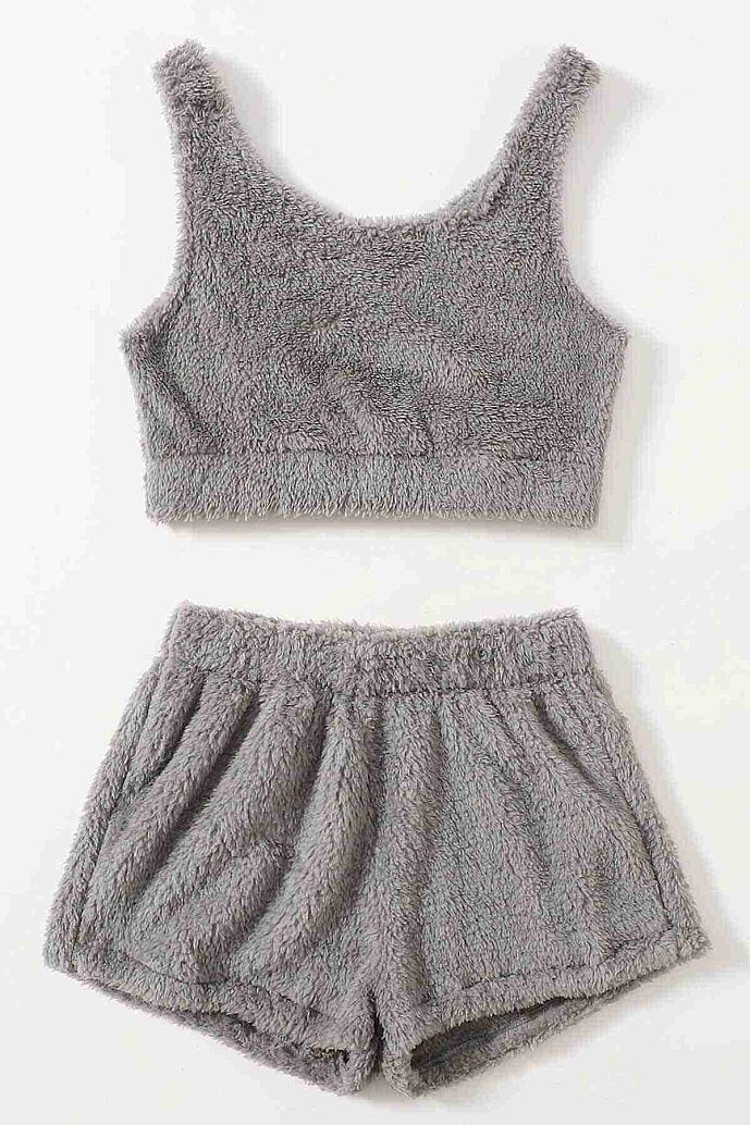 Merry See Kolsuz Askılı Peluş Polar Alt Üst Şortlu Pijama Takımı Gri - 4