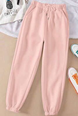 Merry See - Merry See Lastik Paça Yüksek Bel İçi Şardonlu Özel Kumaş Eşofman Altı Jogger Pembe