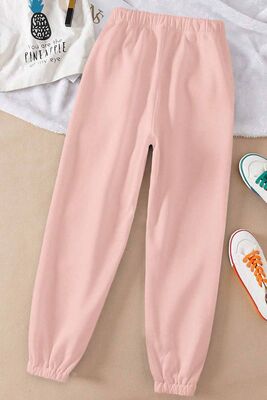 Merry See - Merry See Lastik Paça Yüksek Bel İçi Şardonlu Özel Kumaş Eşofman Altı Jogger Pembe (1)