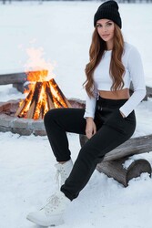 Merry See Lastik Paça Yüksek Bel İçi Şardonlu Özel Kumaş Eşofman Altı Jogger Siyah - Thumbnail