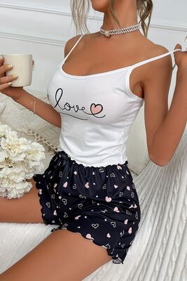 Merry See - Merry See Love Kalp Baskılı Şortlu Pijama Takımı Çok Renkli