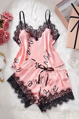 Merry See - Merry See Love Kalp Baskılı Şortlu Pijama Takımı Pembe