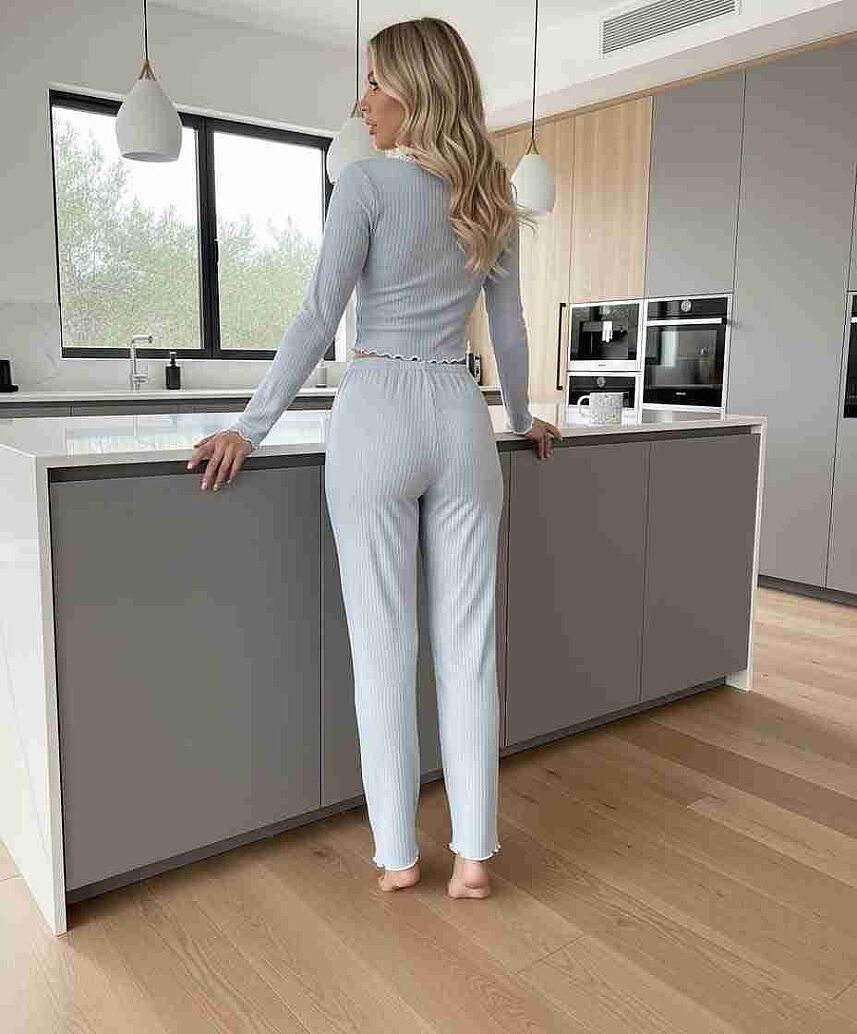 Merry See Önden Düğmeli Uzun Kollu Şık Pijama Takımı Mavi - 5