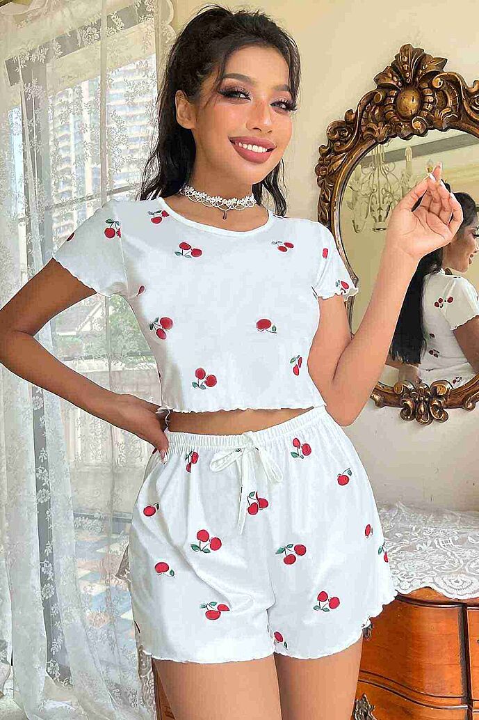 Merry See Örme Yumuşak Kısa Kol Kiraz Basklı Sortlu Pijama Takımı Beyaz - 3