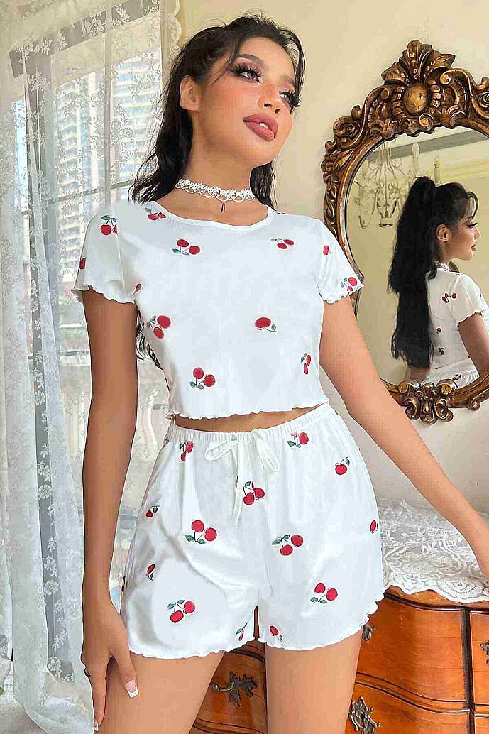 Merry See Örme Yumuşak Kısa Kol Kiraz Basklı Sortlu Pijama Takımı Beyaz - 4
