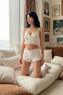 Merry See - Merry See Özel Örme Kumaş Askılı Şortlu Pijama Takımı Beyaz (1)