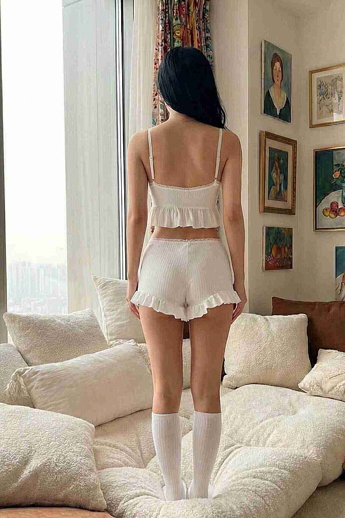 Merry See Özel Örme Kumaş Askılı Şortlu Pijama Takımı Beyaz - 3
