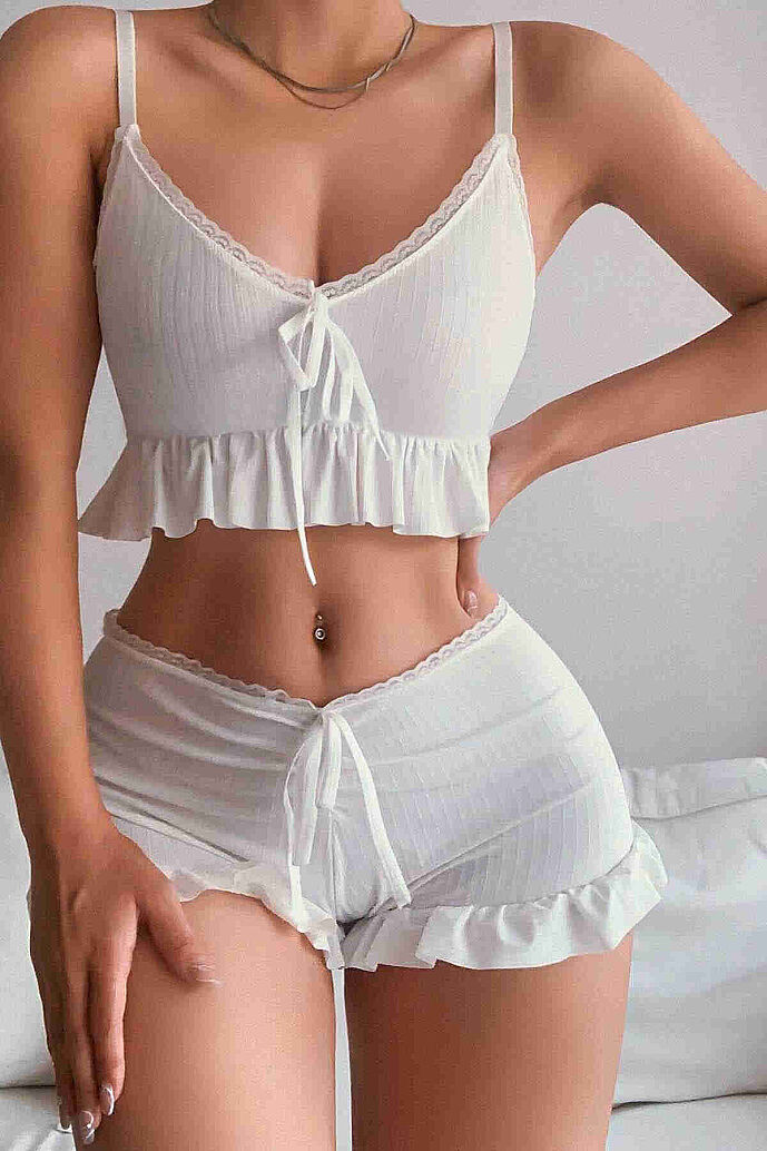 Merry See Özel Örme Kumaş Askılı Şortlu Pijama Takımı Beyaz - 7