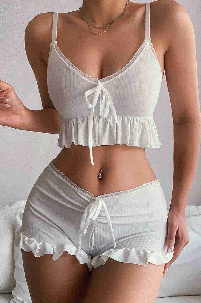 Merry See Özel Örme Kumaş Askılı Şortlu Pijama Takımı Beyaz - 8