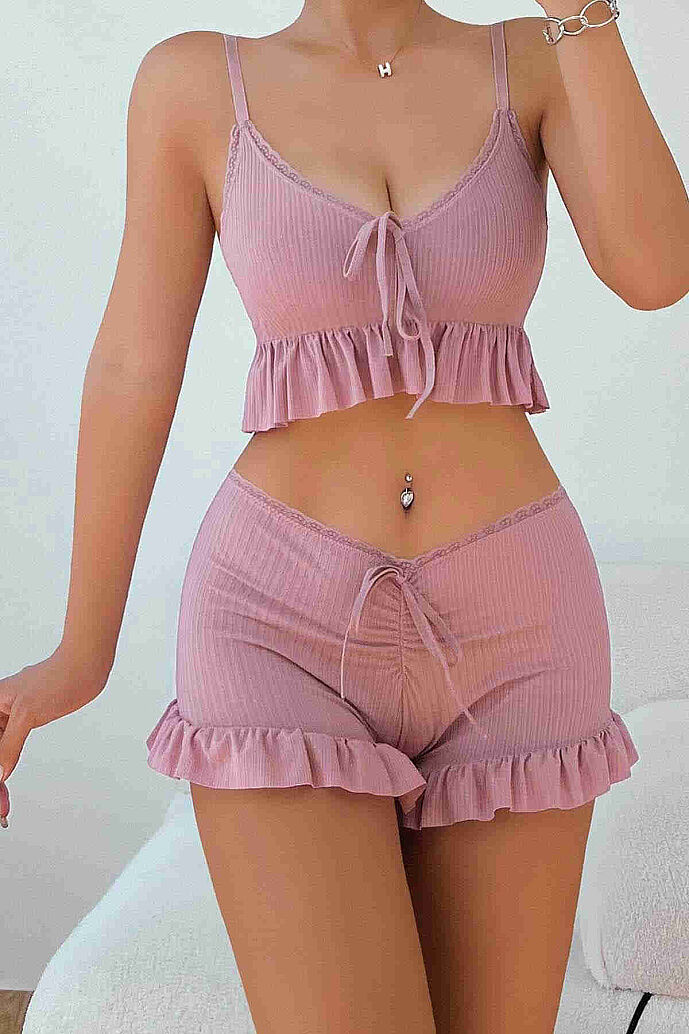 Merry See Özel Örme Kumaş Askılı Şortlu Pijama Takımı Pembe - 6