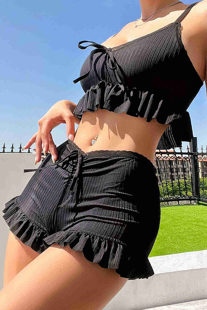 Merry See Özel Örme Kumaş Askılı Şortlu Pijama Takımı Siyah - 6