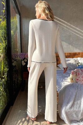 Merry See - Merry See Özel Örme Kumaş Düğmeli Uzun Kollu Pijama Takımı Beyaz (1)
