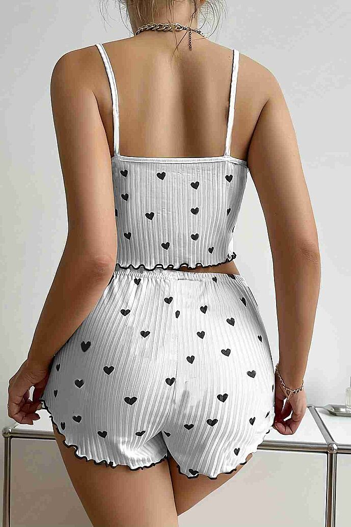 Merry See Özel Örme Kumaş Kalp Baskılı Şortlu Pijama Takımı Beyaz - 3