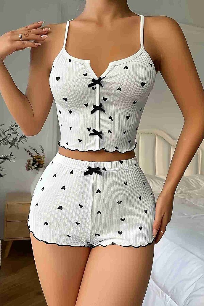 Merry See Özel Örme Kumaş Kalp Baskılı Şortlu Pijama Takımı Beyaz - 4