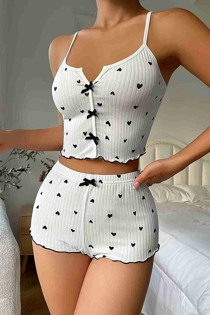 Merry See Özel Örme Kumaş Kalp Baskılı Şortlu Pijama Takımı Beyaz - 5