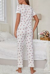 Merry See Özel Örme Kumaş Güpür Dantelli Kiraz Baskılı Kısa Kollu Pijama Takımı Beyaz - Thumbnail