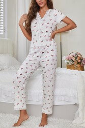 Merry See Özel Örme Kumaş Güpür Dantelli Kiraz Baskılı Kısa Kollu Pijama Takımı Beyaz - Thumbnail