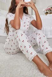 Merry See Özel Örme Kumaş Güpür Dantelli Kiraz Baskılı Kısa Kollu Pijama Takımı Beyaz - Thumbnail