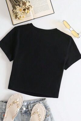 Merry See - Merry See Pamuklu Yumuşak Dokulu Kısa Kol Bisiklet Yaka Bluz Crop Siyah (1)