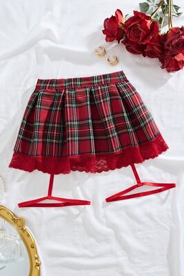 Merry See - Merry See Pileli Dantelli Ekose Etek Jartiyer Detaylı Çok Renkli