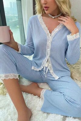 Merry See Ribanalı Dantel Detay İki Parça Pijama Takım Mavi - 2