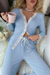 Merry See Ribanalı Dantel Detay İki Parça Pijama Takım Mavi - 3